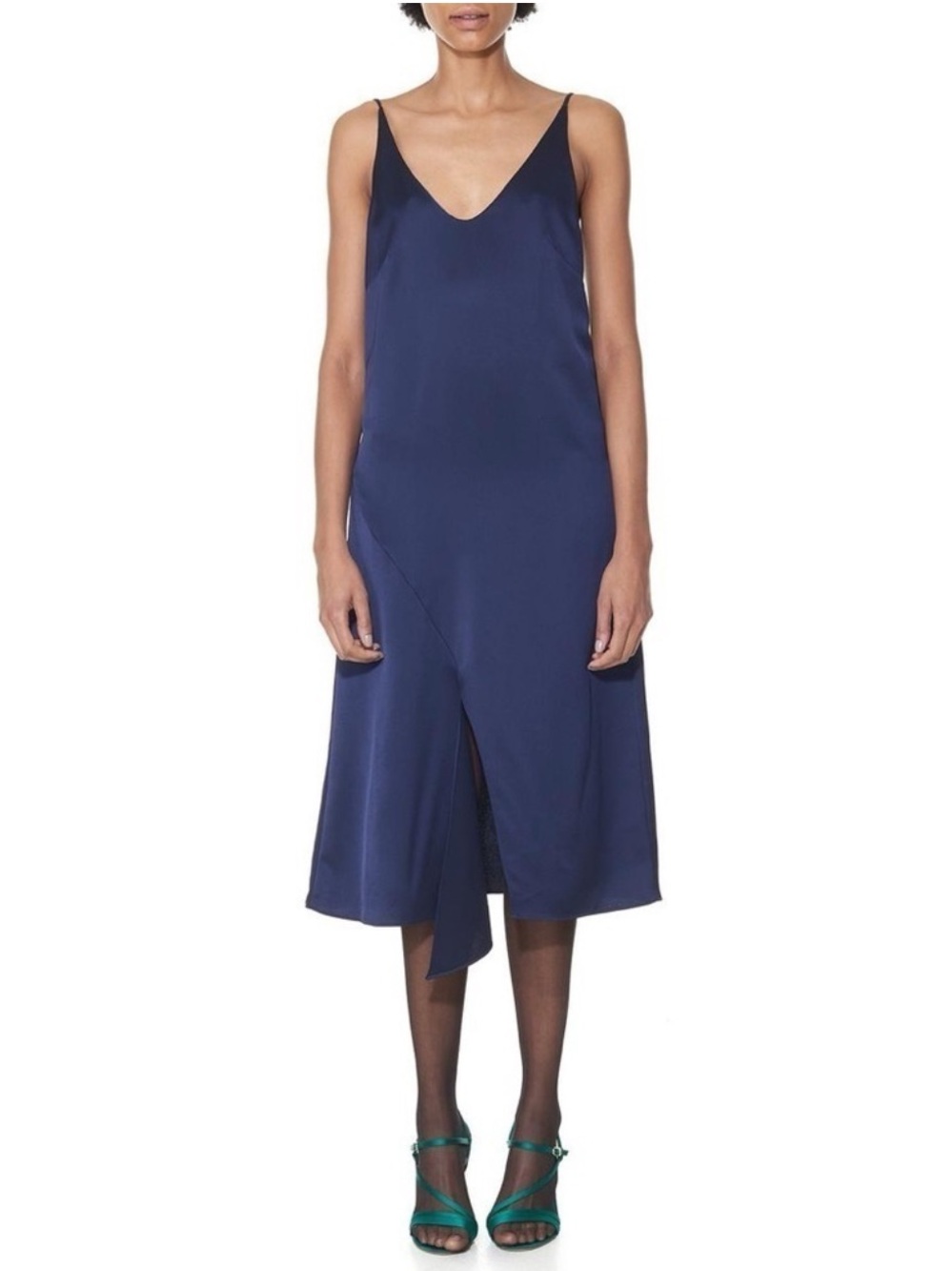 Tibi Celestia Navy Blue Satin Slip Midi Drape Dress Size 4